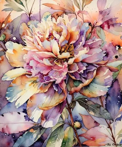 Пион,a painting of a large flower in purple and yellow,watercolor flowers,watercolor leaves,watercolor flower,watercolor floral background,watercolor roses,watercolor background