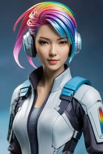 Beautiful Japanese fashion model with rainbow hair and preppy casual wear, ethereal dreamy mist, posing in a fashion pose. Kinship Magazine. Gentle smile,the rainbow haired woman is in futuristic clot