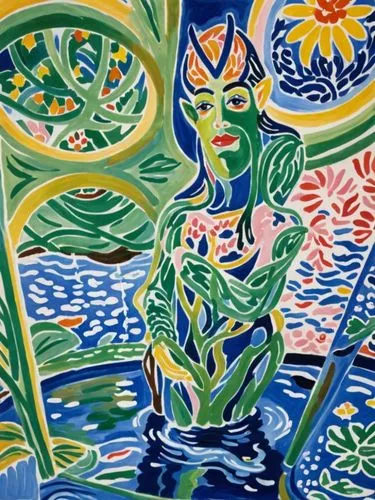 Водяной в пруду в стиле Матисса,a painting with blue and green colors,fauvist,indigenous painting,gouache,glass painting,majolica,mangroves
