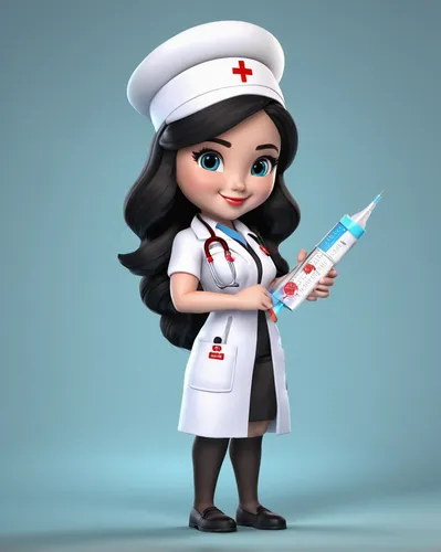 The name "PROME" In cute little lady morena nurse, skin black, black long hair, with thermometer, syringe, clipboard on, illustration, 3d render, photo, realistic, 4d ready to print, illustration, typ