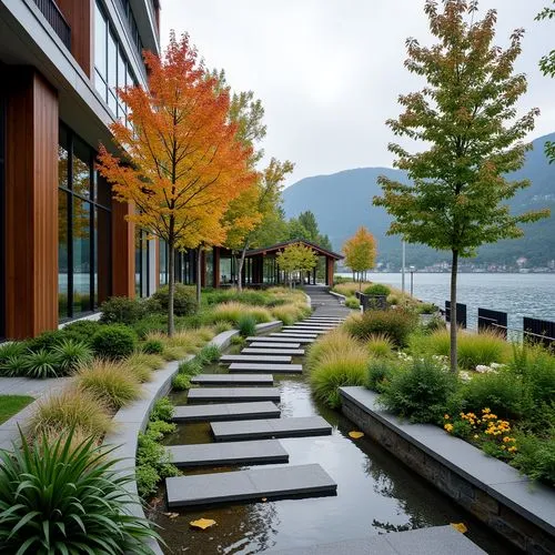 Rolling hills, serene lakeside, lush greenery, vibrant wildflowers, meandering walkways, rustic wooden benches, natural stone retaining walls, harmonious landscape integration, modern architecture ble