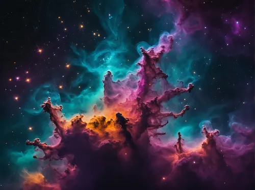 a large cluster of stars over a lush green and purple sky,nebula,carina nebula,pillars of creation,nebula 3,dark nebula,nebulae,eagle nebula,cone nebula,tarantula nebula,nebulas,emission nebula,nebula