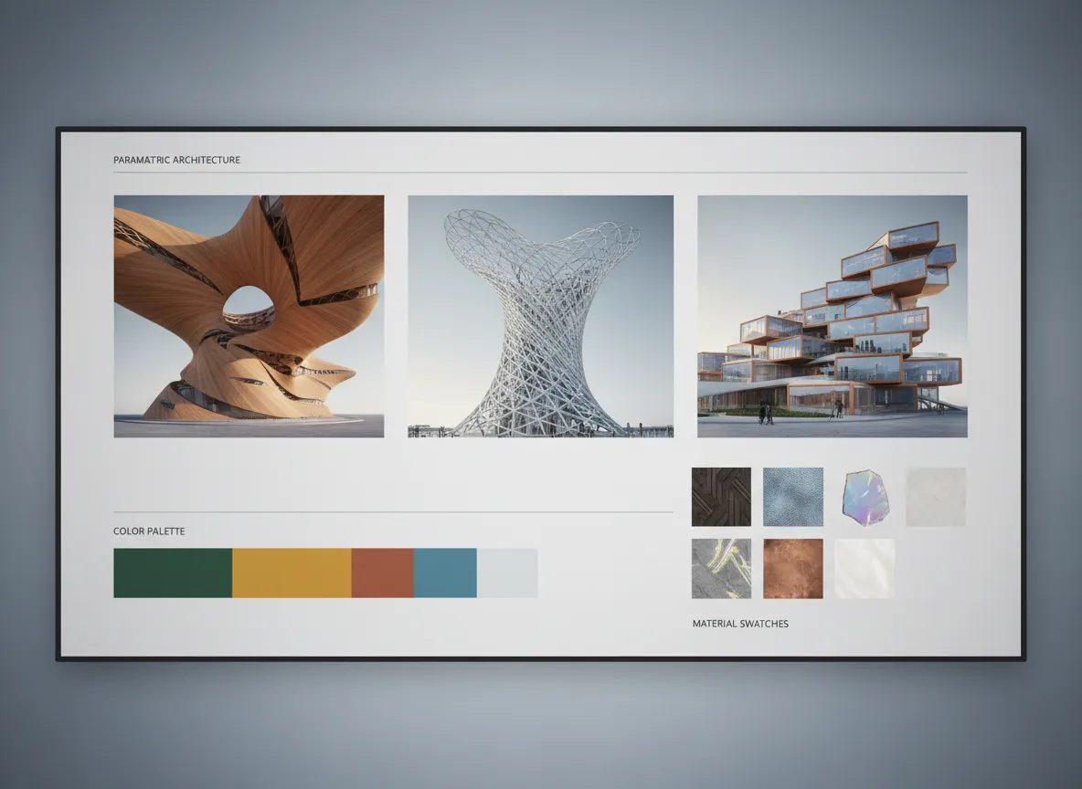 Ein digitales Moodboard mit mehreren KI-generierten Bildern parametrischer Architektur, einer Farbpalette und Materialmustern.