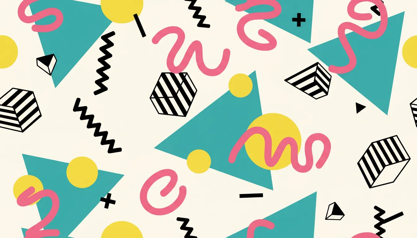 Un Motivo Memphis vivace e colorato creato con PromeAI, con triangoli verde acqua, cerchi gialli, linee ondulate rosa e forme geometriche in bianco e nero su uno sfondo chiaro.