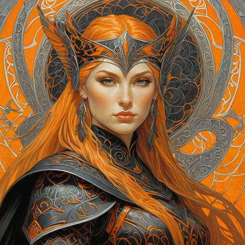 book page layout, norse patterns, black and orange, art nouveau, valkyrie Norse goddess,fantasy portrait,sorceress,priestess,fantasy art,elven,celtic queen,the enchantress,artemisia,fantasy woman,oran