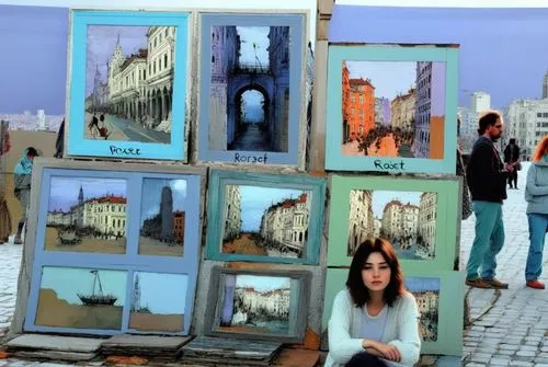 Весенний городской пейзаж,a woman is sitting on the ground next to some pictures,meticulous painting,art painting,photo painting,post impressionism,impressionism,paintings