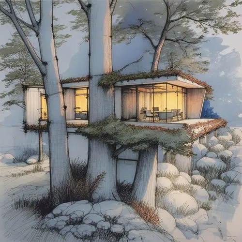 an artistic painting of a tree house at night,mid century house,winter house,house in the forest,forest house,inverted cottage,tree house,cubic house,mid century modern,house drawing,snow house,timber