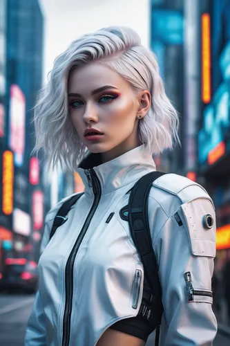 Visualize a streetwear aesthetic influenced by cyberpunk and futuristic urban settings. (Vivid-realism),(Hyper-realism),(realistic white skin),(Absolutely detailed photos),(sharp focus),futuristic,cyb