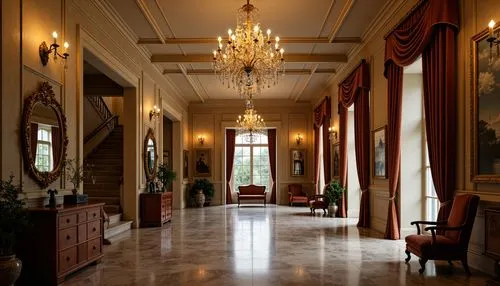 Elegant hallway, ornate chandeliers, crystal droplets, refined bronze fixtures, subtle warm glow, soft shadowing, traditional European-style architecture, high ceilings, grand staircases, marble floor