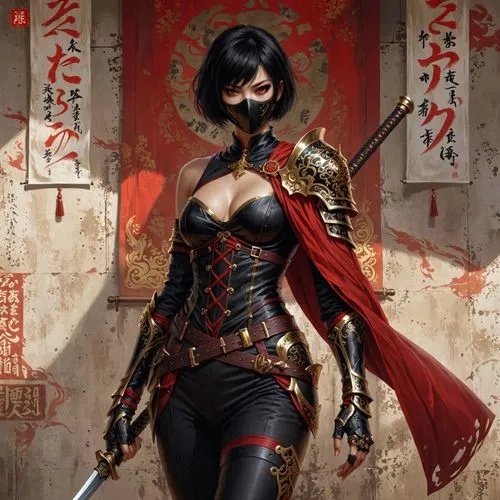 /imagine prompt: Female assassin or rogue warrior, fantasy digital painting with East Asian influences. Short black bob haircut, lower face covered by a black mask, revealing intense eyes. Wearing sle
