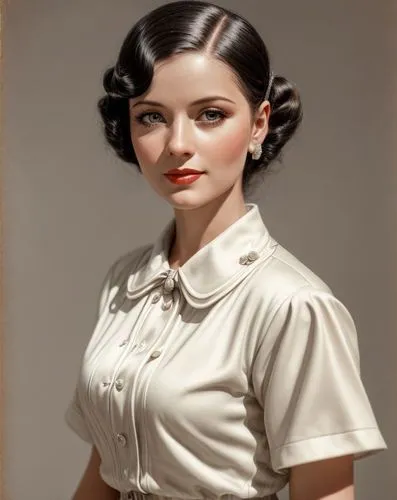 Realistic, portrait of young (circa 32 yo) woman in smart 1930s dress.,vintage female portrait,stewardess,1940 women,vintage woman,retro pin up girl,vintage girl,vintage women,retro woman,lilian gish 