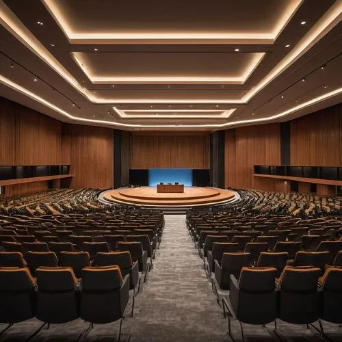 Modern conference hall, auditorium, rows of seats, podium, microphone, large screens, projection mapping, wooden paneling, minimalistic interior design, warm lighting, cityscape outside windows, skysc