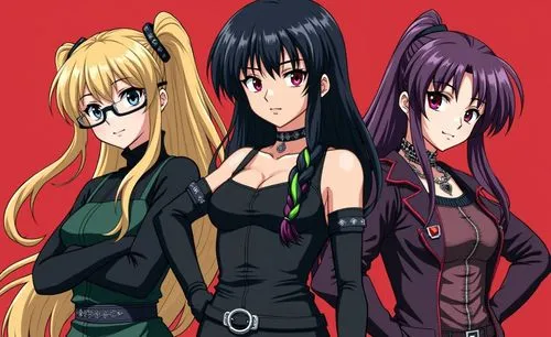 show three different beautiful woman with anime features:
woman one should be a ninja with blonde hair and glasses and grey eyes. 
woman two is dressed goth style with coreset and skirt she has black 
