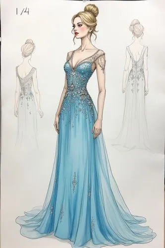 Design of light blue evening gown with star embellishments and patterns on the dress, hand-drawn design sketching style with notes written in black ink, with multiple sketches for each drawing, with w