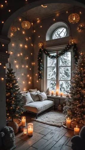 A magical Christmas wallpaper featuring cozy interiors, styled with monochrome tones, evoking a festive and cheerful atmosphere.,a room with christmas trees in the corner and candles on the floor,chri