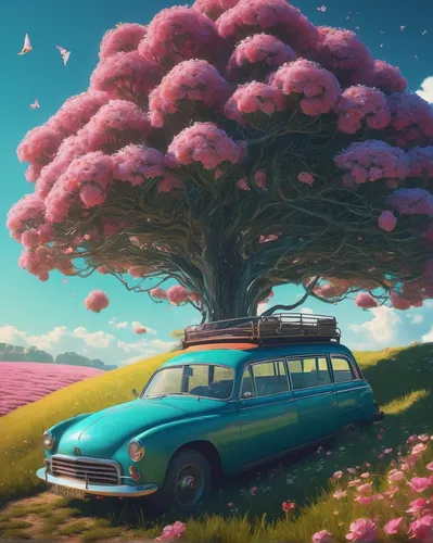 Transport your readers to a peaceful paradise where the beauty of ￪￪￪ blooms in a sunlit meadow.,flower car,3d car wallpaper,spring background,pink car,sakura tree,springtime background,magnolia tree,