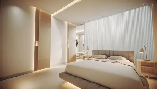 an image of a bedroom setting with light on,modern room,sleeping room,interior modern design,bedrooms,contemporary decor,guestrooms,guest room,bamboo curtain,interior design,hallway space,interior dec