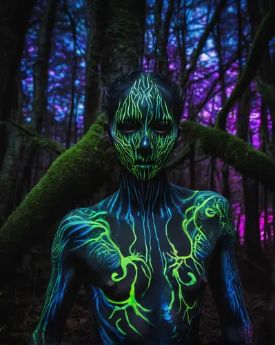 Capture a mysterious neon body painting hiding in a dark forest.,neon body painting,neon ghosts,bodypainting,supernatural creature,forest man,tree man,black light,glow in the dark paint,light paint,ha