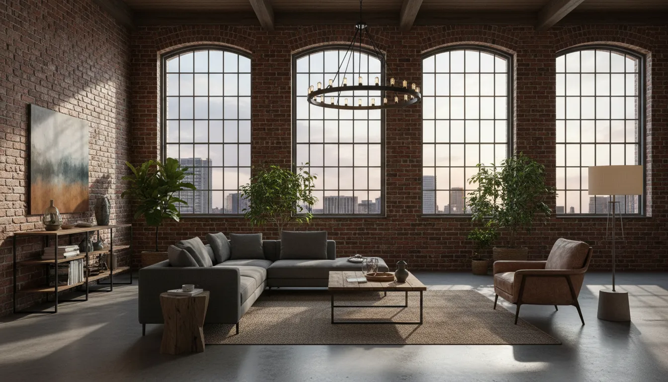 खुली ईंट, बड़ी खिड़कियों और आधुनिक रस्टिक फर्नीचर के साथ एक फ़ोटो-जैसा AI-जनित इंडस्ट्रियल लॉफ़्ट लिविंग रूम।