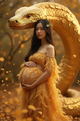 Looking from the front of the camera, in a scene composed of huge gilded gold and black petals and flowers, a pure gold giant snake raises its head high. A pregnant woman wearing a pure gold feather d