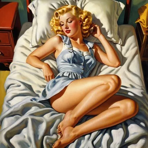 una bella mujer rubia de 30 años con muy poca ropa piensa en su marido lejano tumbada en su cama de una granja de Sudáfrica en 1937 a mediodía un día de muchísimo calor,woman on bed,wesselmann,retro p