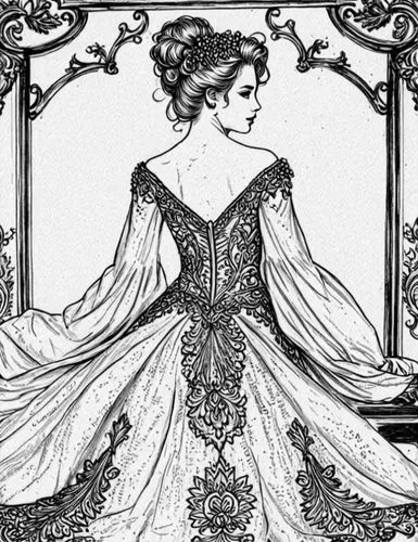 Style: Design Sketch-Detailed Outline,a drawing of a dress with a large train,art nouveau frame,noblewoman,art nouveau frames,lace border,victorian lady,victoriana,frame border illustration,crinoline,