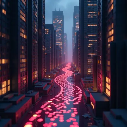 zentangle stream of 3D musical notes with LED between the skyscrapers by Pixar 3D,a long city road covered in traffic lights,metropolis,voxel,cybercity,cityscape,cinema 4d,cyberscene
