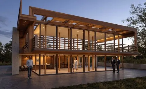people walk out of a large building in the evening,timber house,cubic house,dunes house,school design,modern house,wooden house