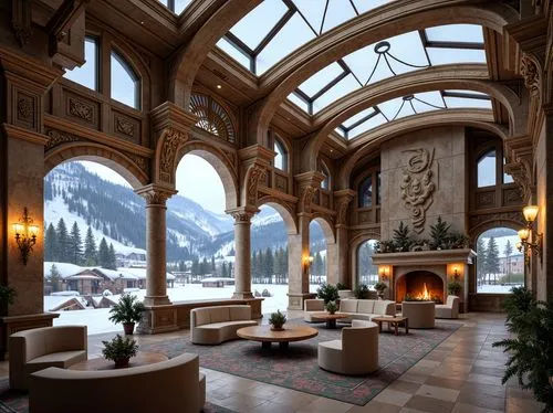Grandiose ski resort, snow-capped mountains, frozen lakes, luxurious amenities, ornate Baroque architecture, intricate stone carvings, golden accents, grand staircases, opulent chandeliers, lavish fur