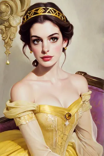 Princess Belle from Disney Beauty and the Beast, yellow ball gown with a fitted bodice with off-the-shoulder sleeves, loose updo hair, wears a golden hairband,miss circassian,diadem,cepora judith,gold