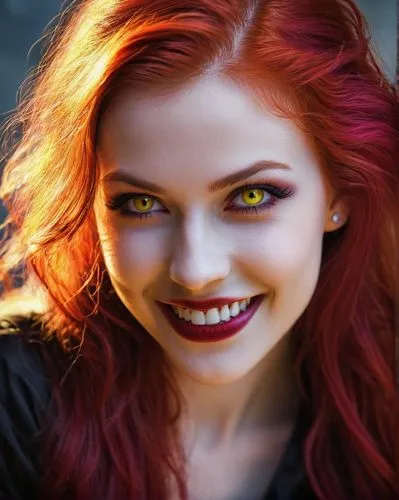 Young female vampire, smiling showing her vampire fangs , beautiful long bright red hair, bright yellow fluorescent eyes eyes eyes,a young woman smiling for the camera,vampire woman,vampyre,vampire la