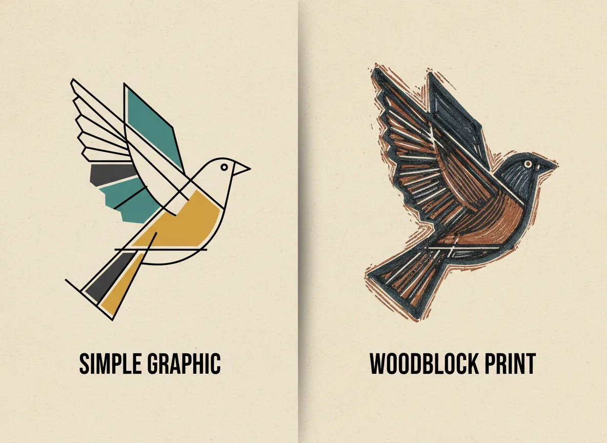 Ein direkter Vergleich, der eine einfache Grafik zeigt, die in einen texturierten Holzschnitt umgewandelt wurde.