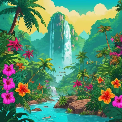 Imagine a tropical rainforest with vibrant flowers and a spritz of mist from a nearby waterfall.,tropical floral background,tropical bloom,tropical island,tropical jungle,cartoon video game background
