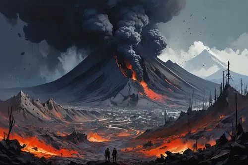  Game Scene, Wild angle view,a volcano spewing out lava in a desert,volcanic landscape,volcanos,volcanism,volcanic,krafla volcano,volcanic eruption,Conceptual Art,Oil color,Oil Color 07
