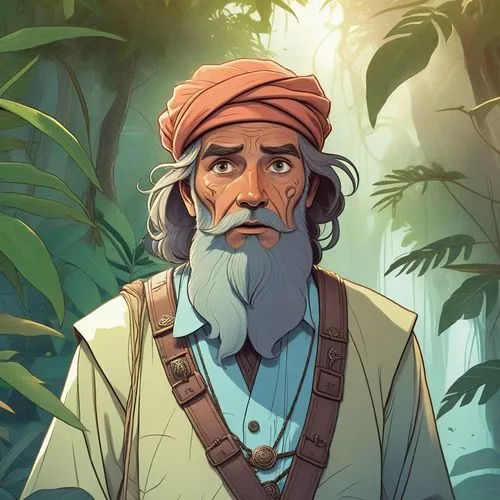 Mystic Guardian: An elderly man with a mystifying presence, adorned in ancient robes and bearing the wisdom of ages, guarding the secrets of the jungle with supernatural powers.