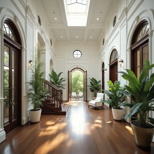 A grand and elegant interior hallway with a timeless design, featuring tall arched doorways and windows framed in dark wood, allowing natural light to stream through and create dynamic patterns on the