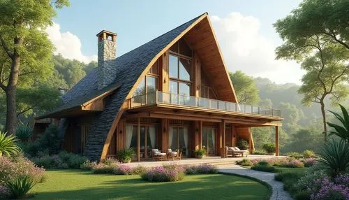 A beautiful one-story modern tropical house with a steep pointed roof, elegant wooden balcony, large glass windows, spacious veranda, natural stone walls, surrounded by lush green garden and colorful 