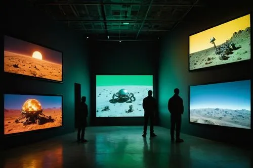 nightmare of eternity and colors, strange ways, desolation, pirates and robots and aliens and ghosts and astronauts



,there are several screens on the walls in a dark room,virtual landscape,a museum