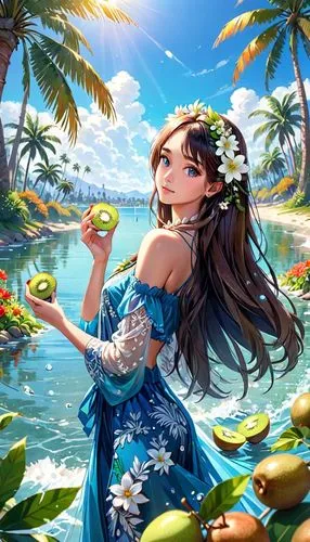Cielos azules, un hermoso día de verano, palmeras y agua que brilla bajo el sol. Una hermosa mujer de larga cabellera adornada con flores recoge kiwis.,mermaid background,summer background,aloha,beach