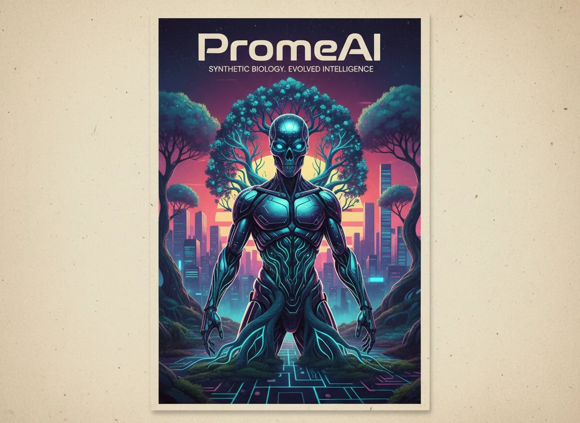 Ein Plakat von PromeAI, das einen kybernetischen Organismus mit leuchtenden Adern zeigt, die den Wurzeln eines Baumes ähneln und Natur und Technik verschmelzen lassen.