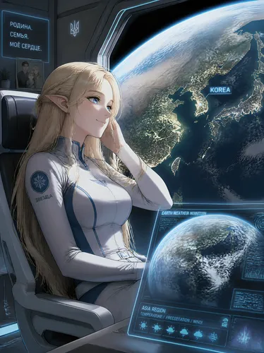Manga Style:

An   elf with a Slavic  appearance, featuring pointed ears, blonde  hair, sky-blue eyes, and an athletic, feminine figure.

She wears a futuristic white and blue jumpsuit. Seated in a fu