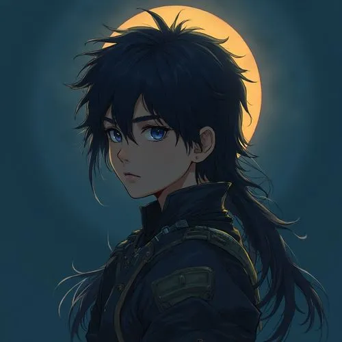 A detailed digital illustration of a humanoid figure, shrouded in darkness. His facial features and the iconic sun's reflection create depth, while his long dark hair stretches to the side. The backgr