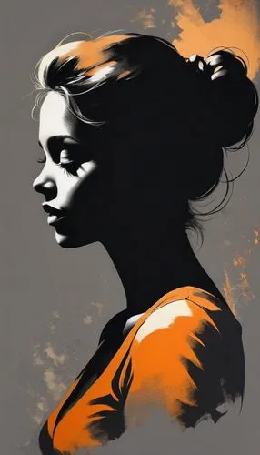 the drawings drawn were cute, in the style of feminine portraiture, golden light, soft gray, pensive poses, smokey background, soft orange and  black, light & shadow ,woman silhouette,silhouette art,c