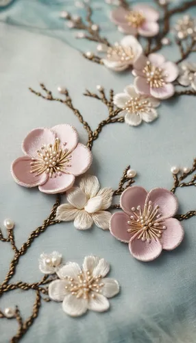 (embroidery texture plum blossom made by threads:1.3) Spring Festival, dreamy blue, floral decor, Chinese embroidery, (Su embroidery art: 1.3), mother of pearl, beads, gold thread, small pearl string 