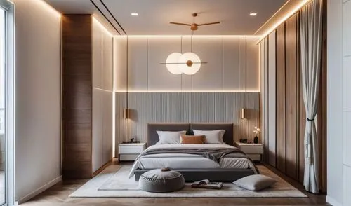 interior room render, bed back is in louvers, use light colors, add realistic  materials according to the reference, add lighting
,a bed sitting in a bedroom next to a window,modern room,bedroom,moder