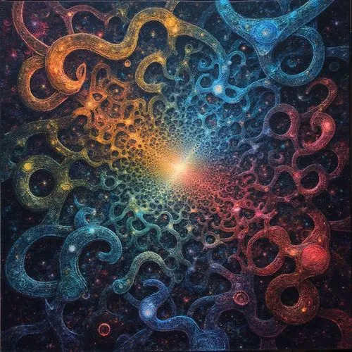 Multidimensional fractal maze of physical concepts in colored patterns,an abstract painting with multicolored waves in the center,spiral nebula,colorful spiral,vortex,supernova,conchoidal,supernovae,d