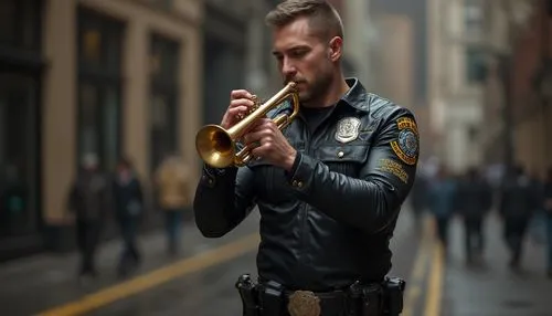An insanely handsome muscular  Albany, New York police officer who is an immortal werewolf, he looks to be 30 years old, wearing leather pants, a leather police shirt from the department that has a pa