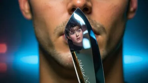 ГОЛОВА ОТРАЖЕНИЕ В ЛЕЗВИИ НОЖА,a man is holding a knife near his face,teaspoon,sharp knife,tablespoonful,knife and fork,magnifying glass,pair of scissors,knife,kitchen knife,cutlery,tablespoon,scissor