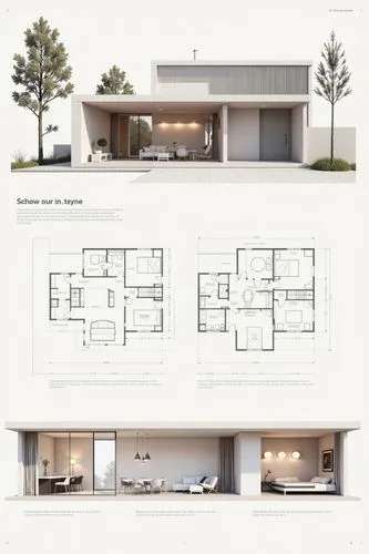 A professional architectural presentation board with a Pure background and a clean, minimalist design layout. The board includes:

Top Section: On the top left, a photorealistic render of a contempora