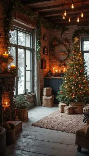 A rustic Christmas wallpaper featuring cozy interiors, styled with monochrome tones, evoking a festive and cheerful atmosphere.,a cozy living room with a lit christmas tree,christmas room,christmas fi
